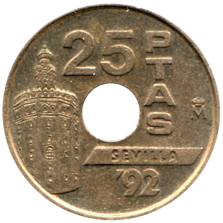 25 Pesetas, 1992 Reverse