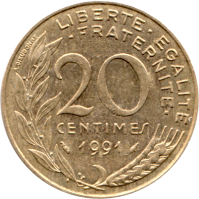 20 centimes, 1991 Reverse