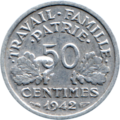 50 centimes, 1942 Reverse