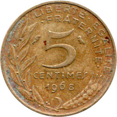 5 centimes, 1968 Reverse