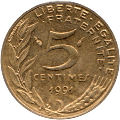 5 centimes, 1991 Reverse