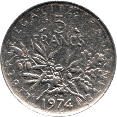 5 Francs, 1974 Reverse