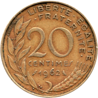 20 centimes, 1962 Reverse
