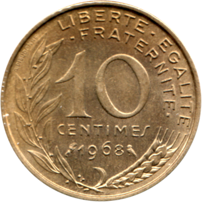 10 centimes, 1968 Reverse