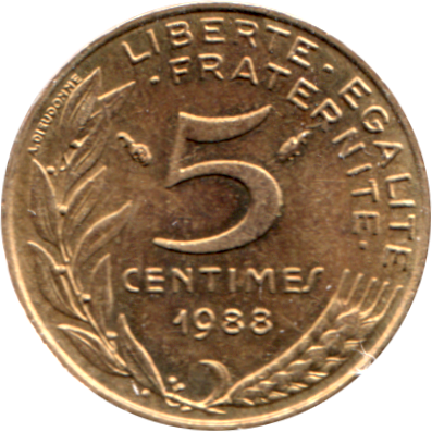 5 centimes, 1988 Reverse