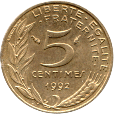 5 centimes, 1992 Reverse