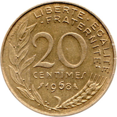 20 centimes, 1968 Reverse