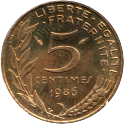 5 centimes, 1986 Reverse