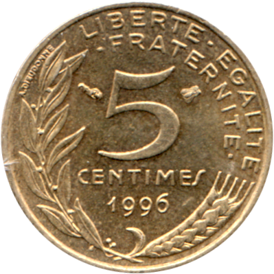 5 centimes, 1996 Reverse