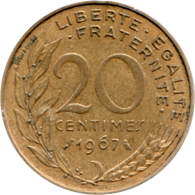 20 centimes, 1967 Reverse