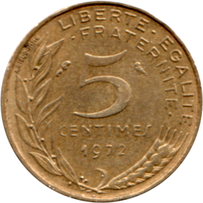 5 centimes, 1972 Reverse