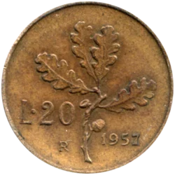 Preview 20 Lire, 1957 reverse