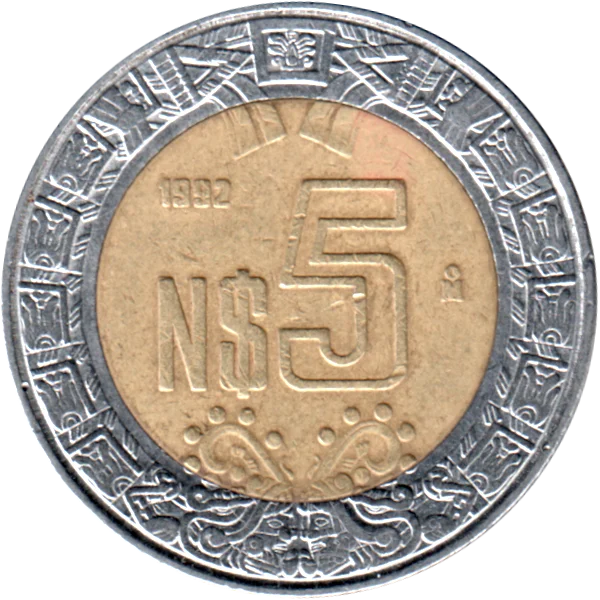 5 Pesos, 1992 Reverse