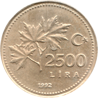 2500 Liras, 1992 Reverse