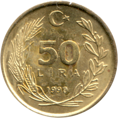 50 Liras, 1990 Reverse